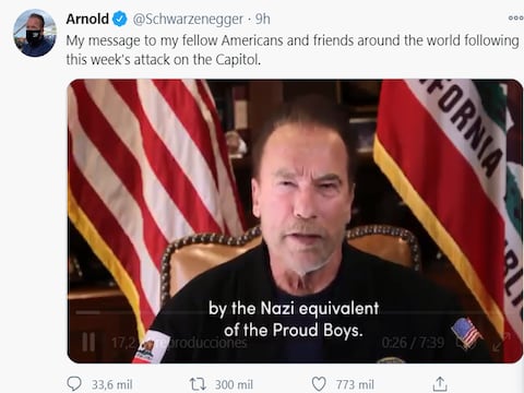 Schwarzenegger comparó asalto al Capitolio con el nazismo en Alemania y calificó a Trump como el peor presidente de la historia